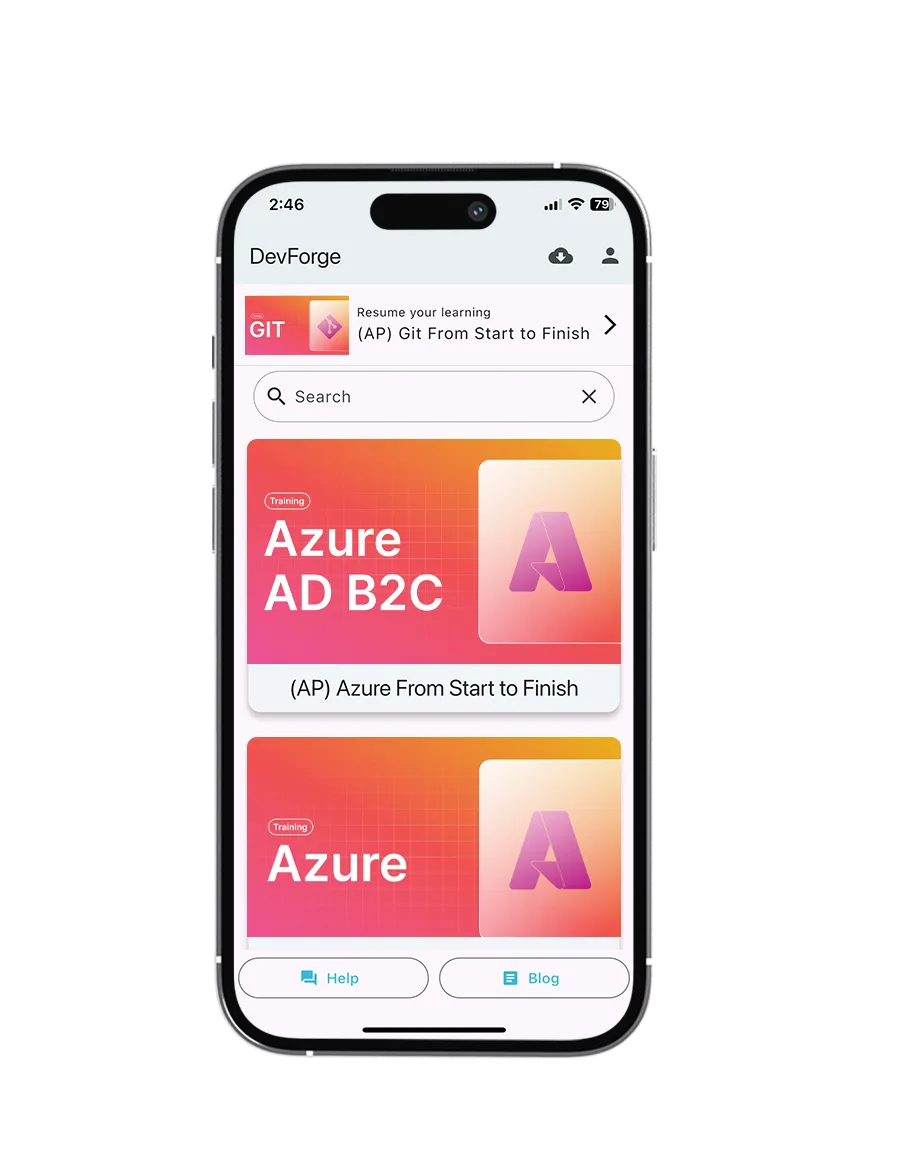 The DevForge app showing courses on a phone